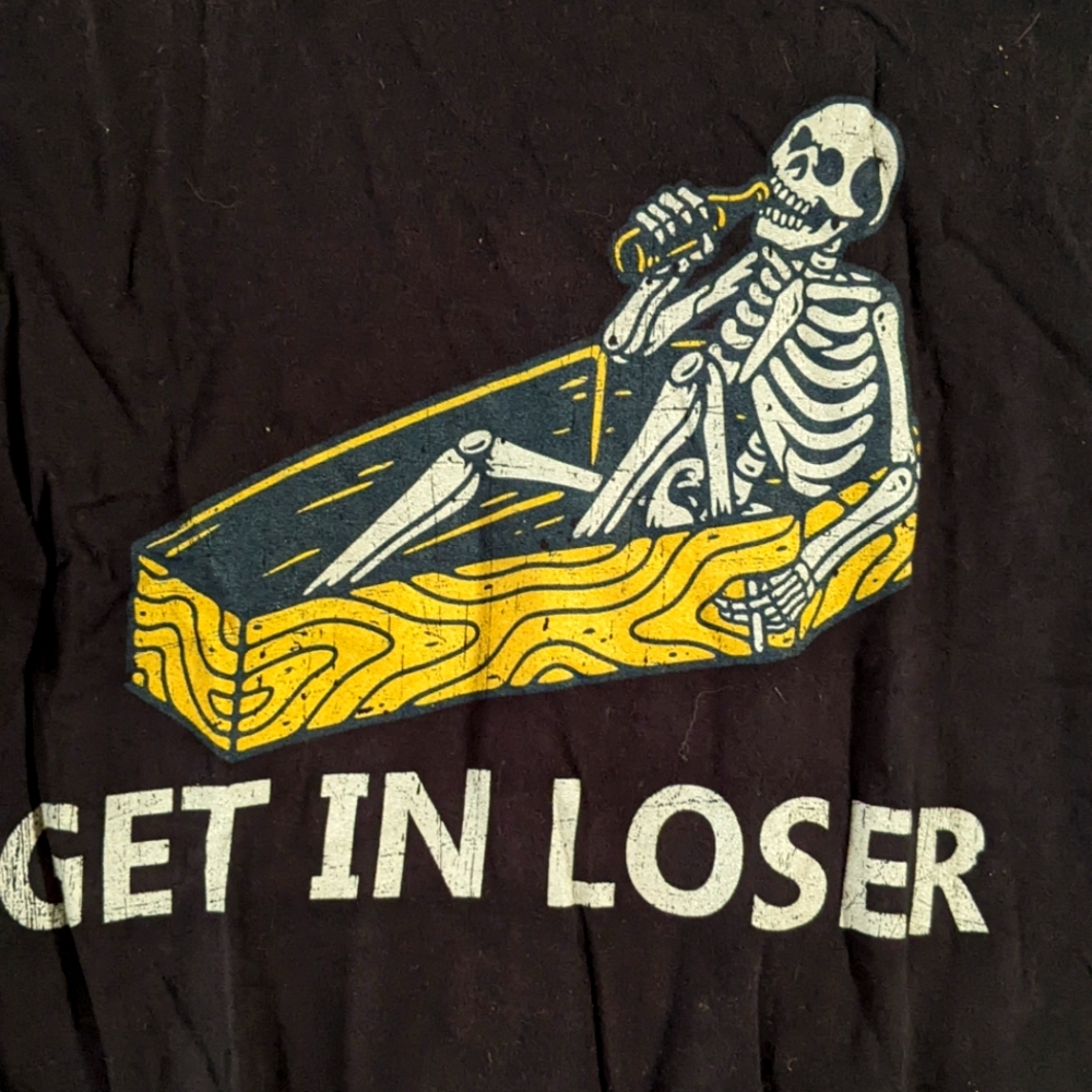 Get in Loser Soft Black Ring Spun Cotton Tee Skeleton Coffin Halloween